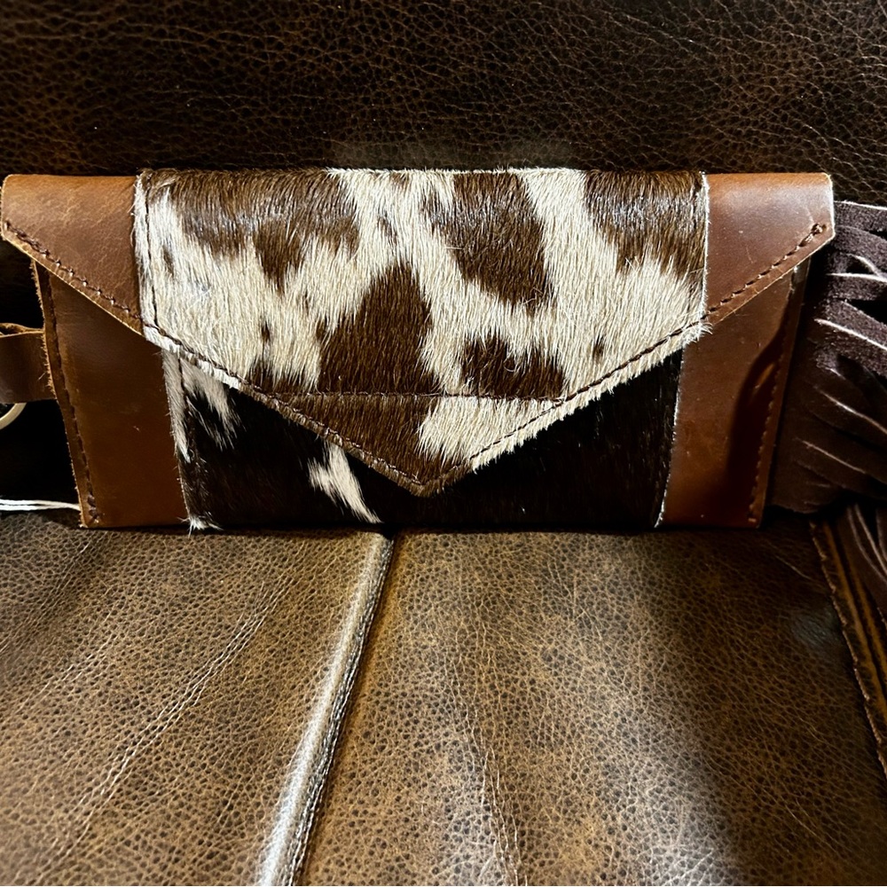 “Kickin Western” Brown and White Cowhide Phone Case with Fringe